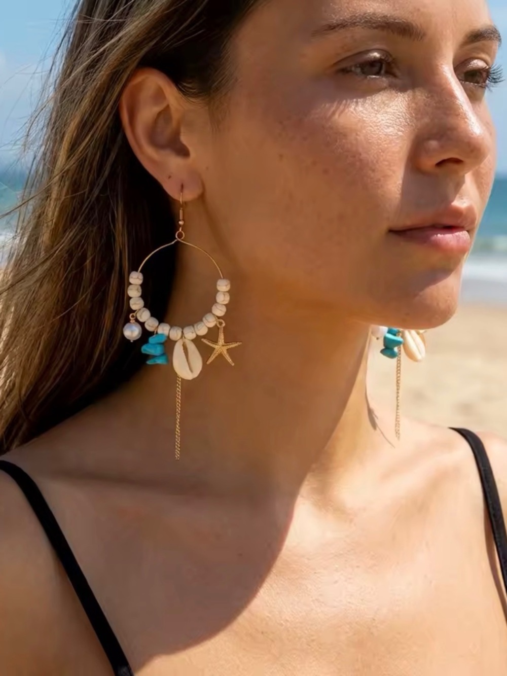 Anthropologie Gold Hoop Shell & Turquoise Bead Drop Earrings Beach Star Design